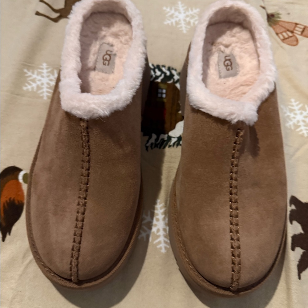 UGG  clog, chestnut, color shoes  with Soft White sheepskin Interior NWOT.